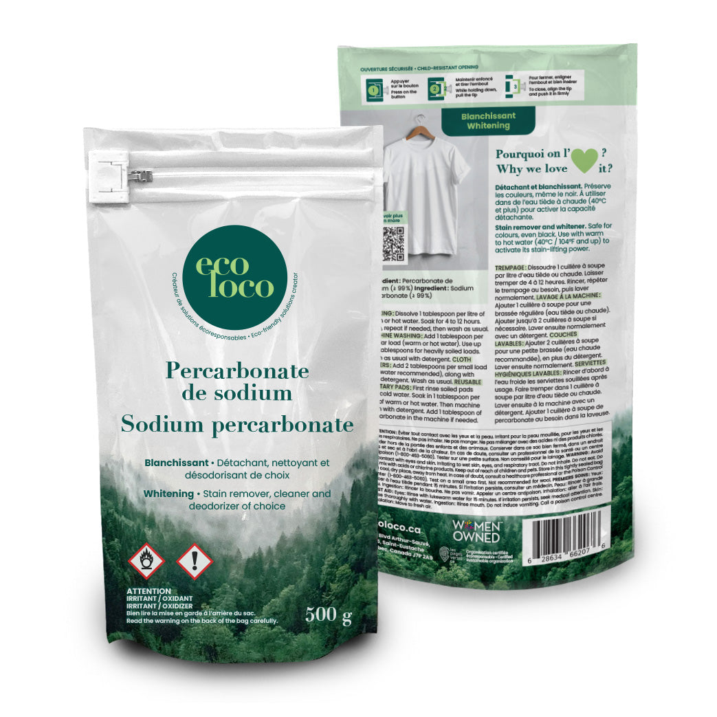 Deux pochettes avec le logo Eco Loco sur un fond blanc contenant du percarbonate de sodium soude