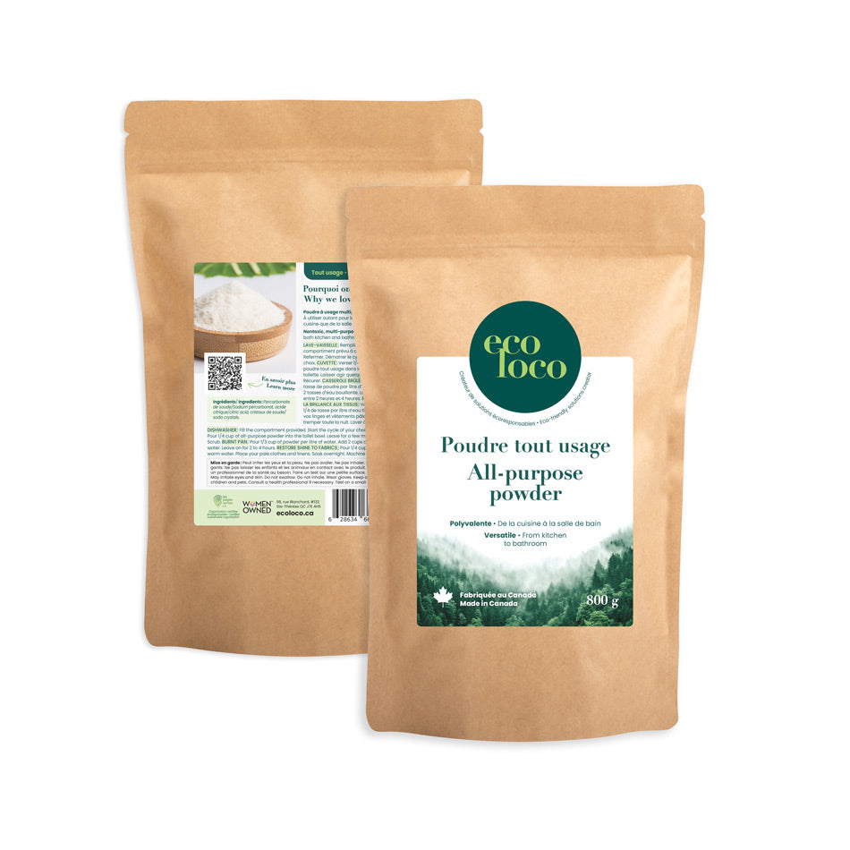 Deux pochettes en papier kraft avec le logo Eco Loco et une étiquette qui mentionne Poudre tout Usage sur un fond blanc