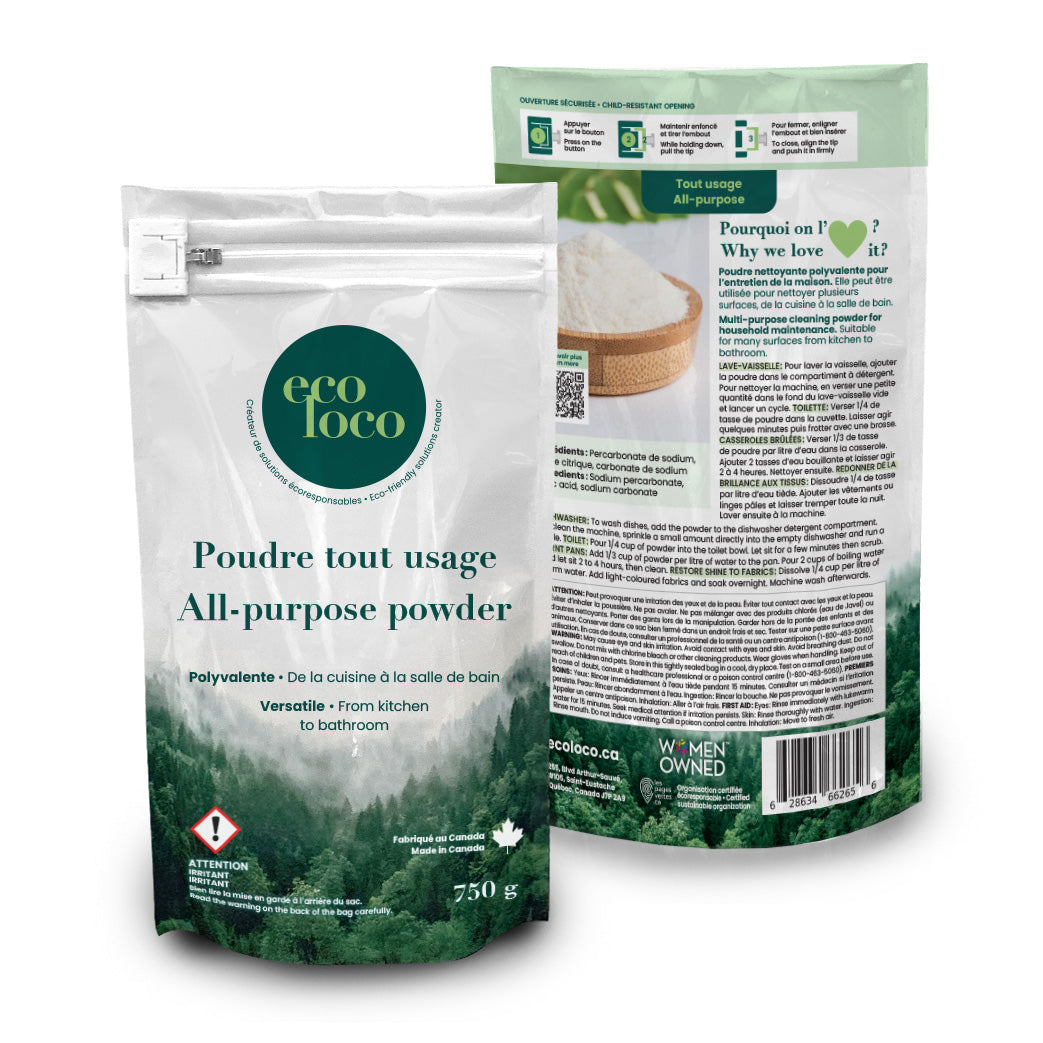 Deux pochettes avec le logo Eco Loco et une étiquette qui mentionne Poudre tout Usage sur un fond blanc