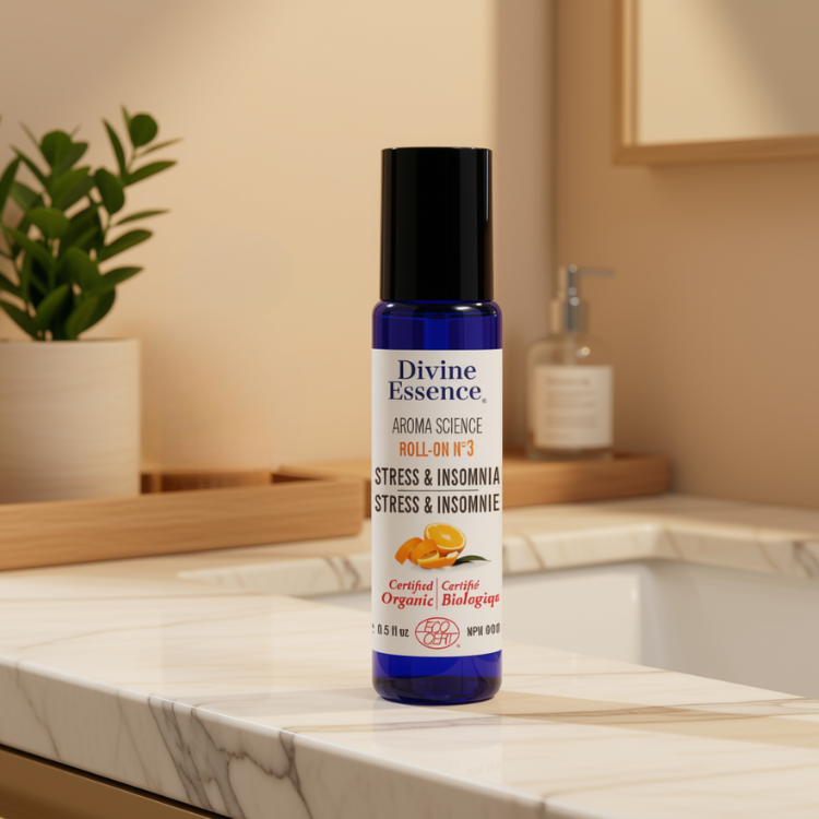 Bouteille bleu au capuchon noir de la marque Divine essence pour le stress et l'insomnie certifié biologique par Eco Cert déposé sur un comptoir de salle de bain avec une plante en arrière plan.
