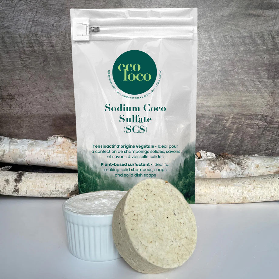 Pochette en papier kraft Eco Loco de Sodium Coco Sulfate SCS sur un fond de mur de bois avec deux branches de bouleaux et deux cake vaisselle dans un pot de céramique blanc