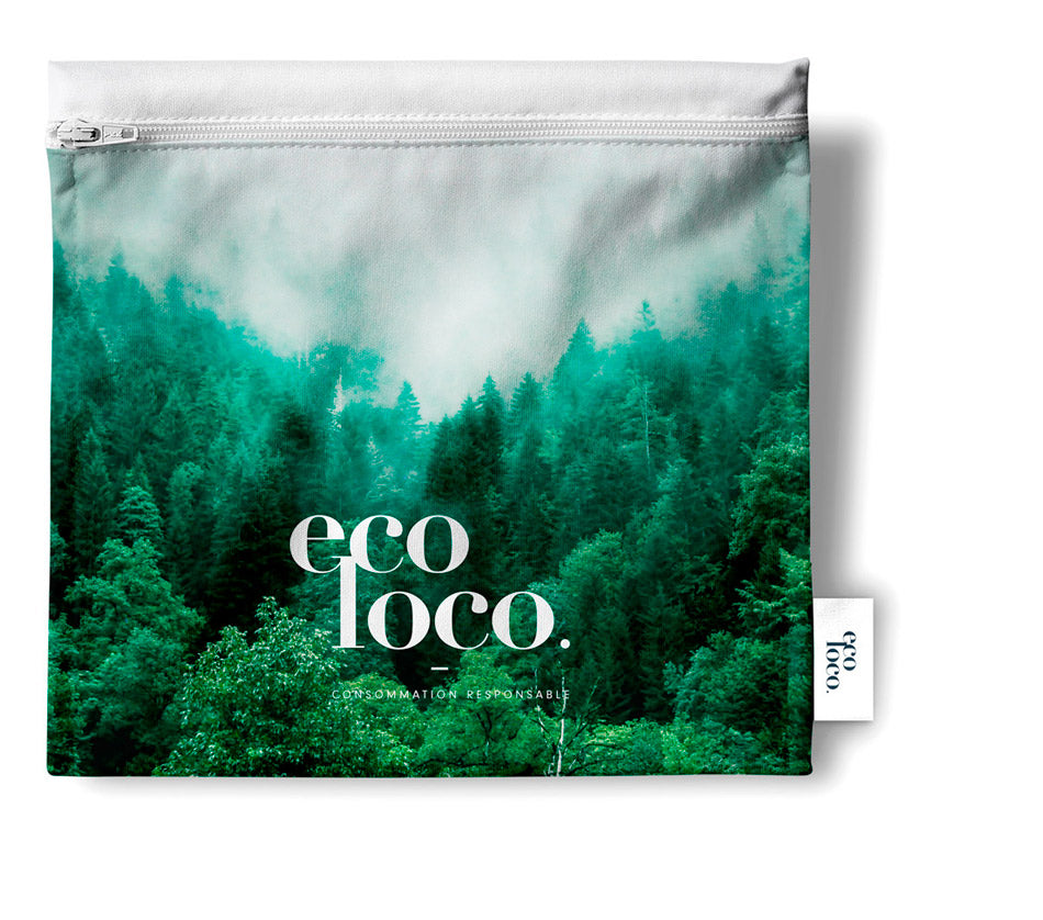 Sac format sandwich à collation offert en objet promotionnel ecolo avec le logo Eco Loco à personnalisé sur fond blanc