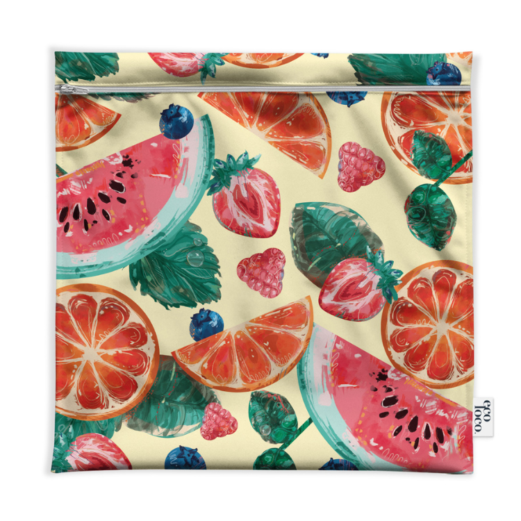 Sac de congélation extra-large réutilisable en tissu imperméable avec différents fruits et un fond jaune