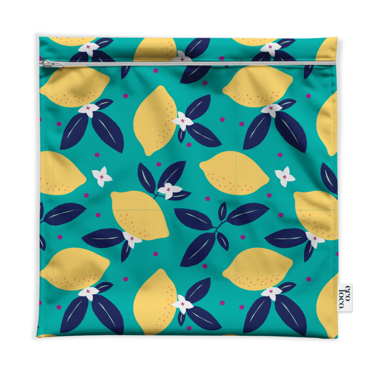 Sac de congélation extra-large réutilisable en tissu imperméable avec des citrons jaunes et un fond turquoise
