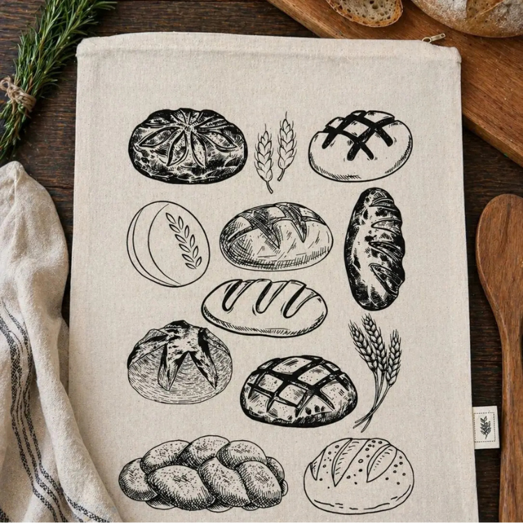 Un sac de couleur naturel avec des dessins de différents types de miche entouré d'un linge à vaisselle, du romarin, une planche en bois, du pain et une cuillère en bois.
