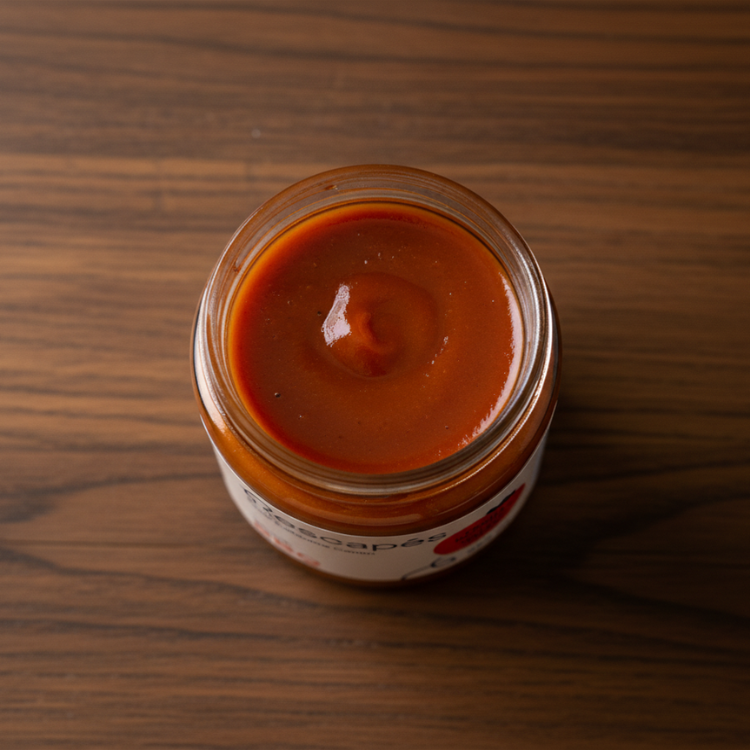 Pot de sauce bbq fait à partir d'invendus de l'épicerie ouvert et déposé sur une planche de bois.