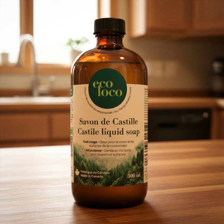 Bouteille de savon de castille de la marque Eco Loco fabriqué au Québec, sur un comptre de cuisine en bois.