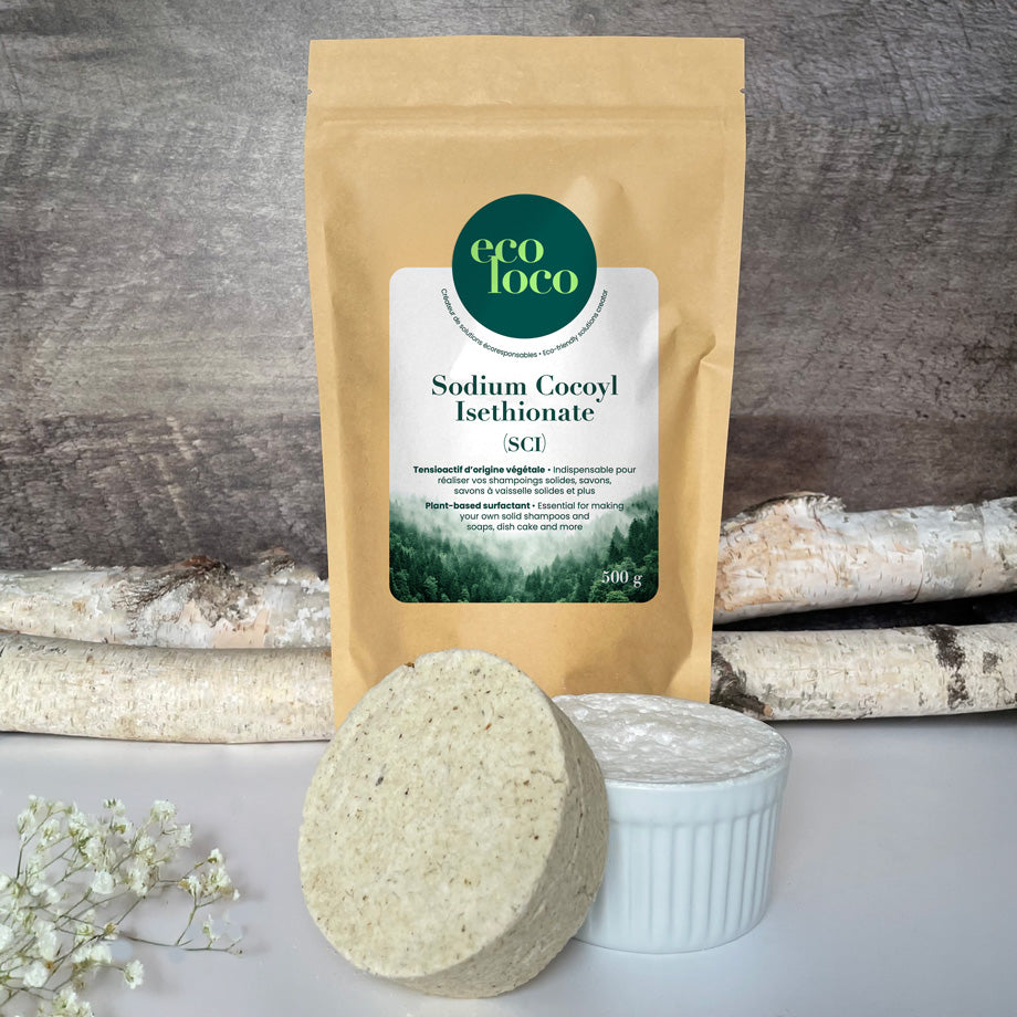 Pochette en papier kraft Eco Loco de SCI Sodium Cocoyl Isethionate sur un fond de mur de bois, deux branches de bouleaux, des petites fleurs blanches et deux cake vaisselle