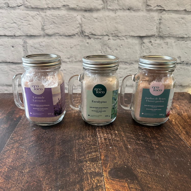 3 pot Masson avec poignée contenant des sels de bain entièrement naturel et fait au Québec