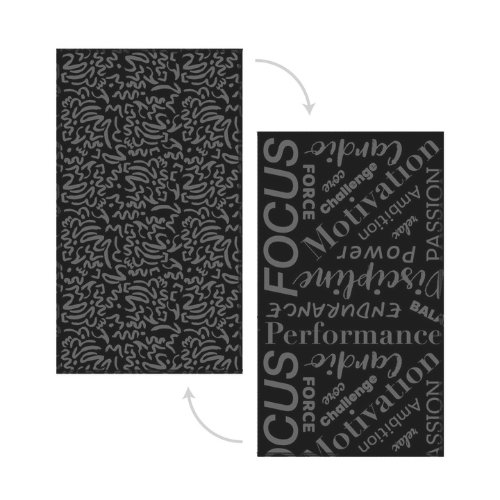 Recto et verso d'une serviette de sport en microfibre noire faite au Québec en tissu fait de bouteilles de plastique recyclées avec des mots de motivations