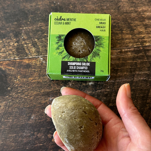 Shampoing en barre vert pour cheveux gras dans une boite et tenu par une main