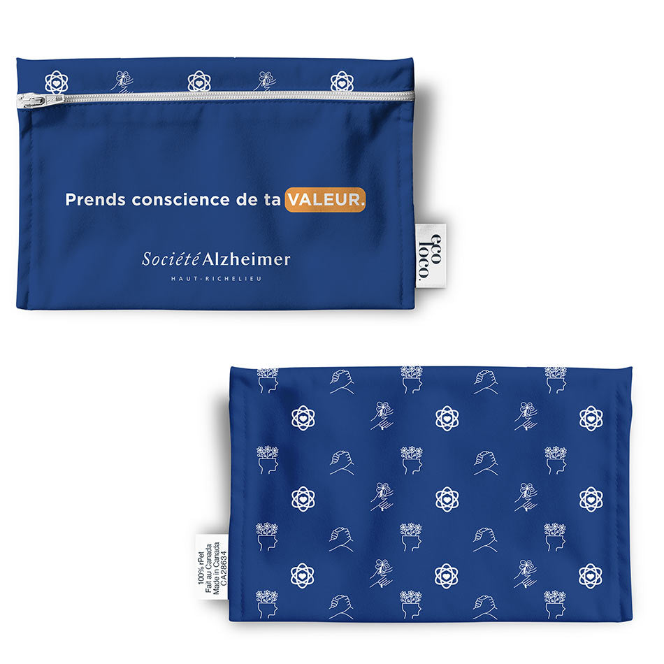 Un item promotionnel écologique fait au Québec montrant un sac à collation réutilisable pour la Société d'Alzaimer