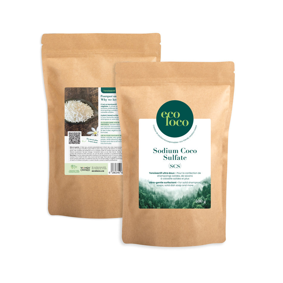 Deux pochettes en papier kraft avec le logo Eco Loco sur un fond blanc contenant du Sodium Coco sulfate SCS