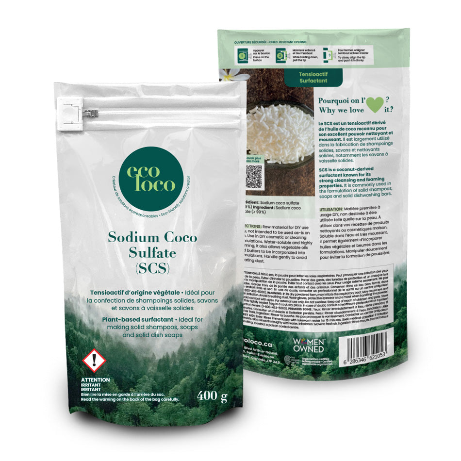 Deux pochettes en papier kraft avec le logo Eco Loco sur un fond blanc contenant du Sodium Coco sulfate SCS