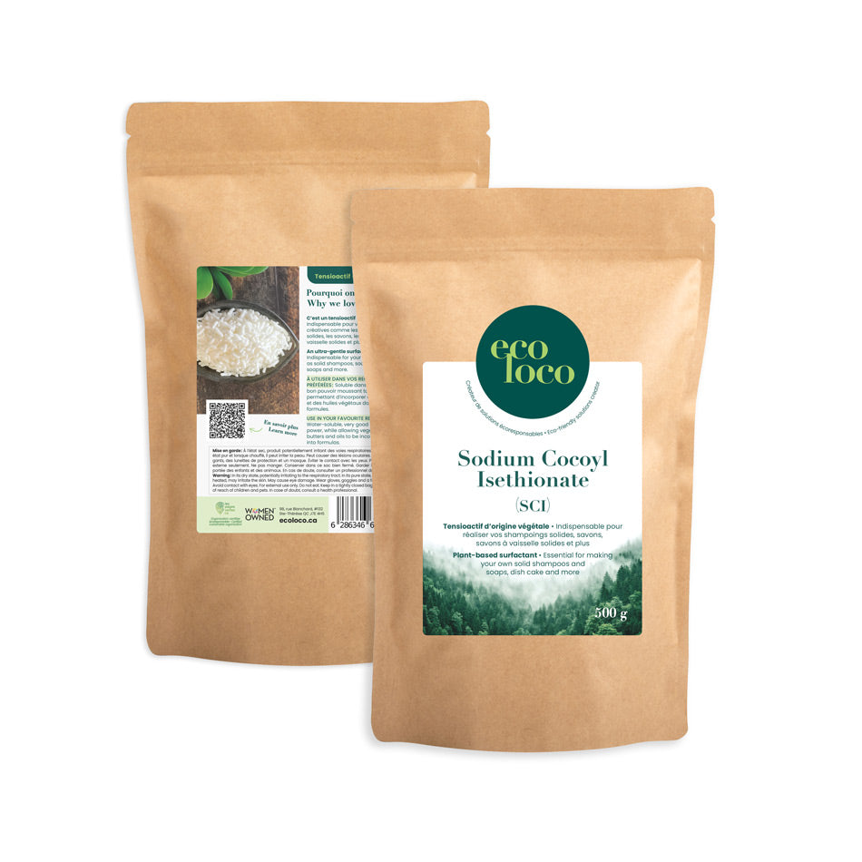 Deux pochettes en papier kraft avec le logo Eco Loco sur un fond blanc contenant du Sodium Cocoyl Isethionate SCI