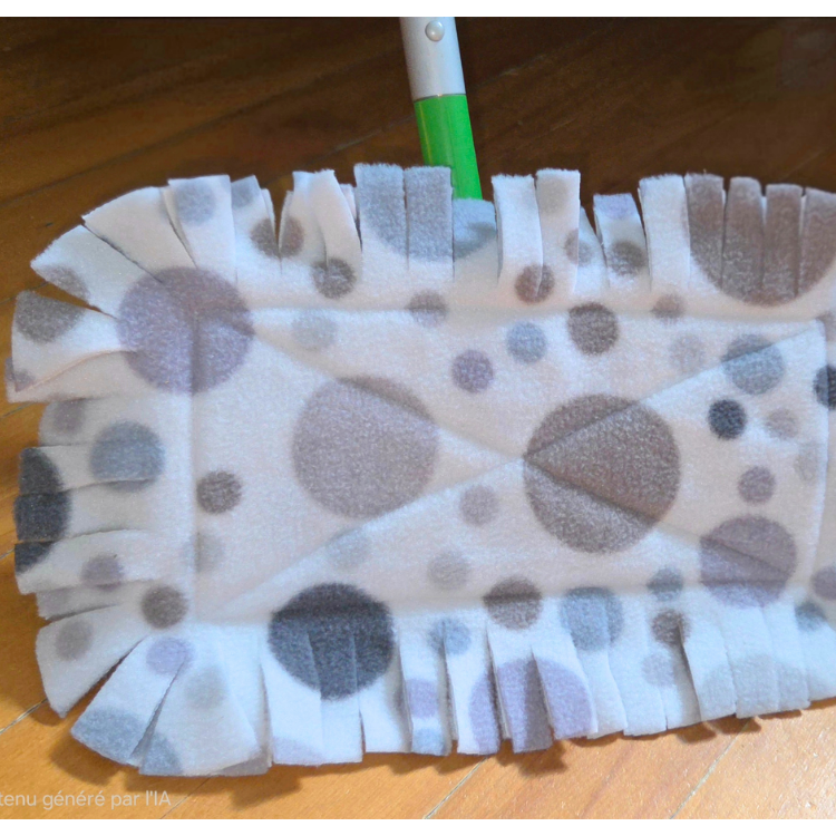 Un tissu gris pâle avec de rond gris et beige et coupé en lanière en bordure mis sur un manche à balai swiffer.