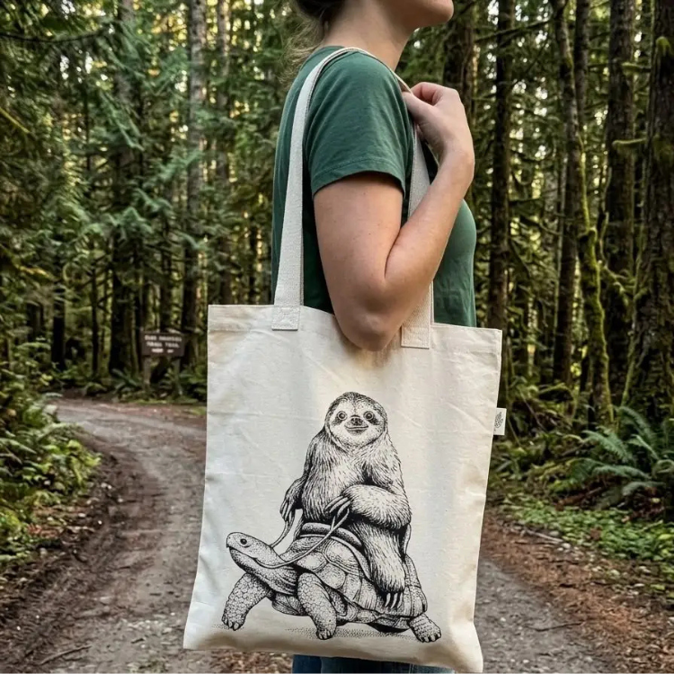 Une femme dans un chemin en forêt avec un chandail vert portant sur l'épaule un sac fourre-tout ayant comme motif un paresseux sur le dos d'une tortue.