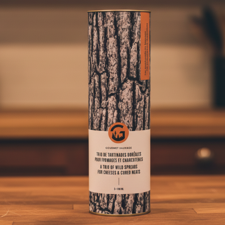 Emballage représentant un tronc de bouleau pour un ensemble de gelées provenant de la cueillette nordique au Québec par l'entreprise Gourmet Sauvage, sur un comptoir de cuisine et vendu par Eco Loco.