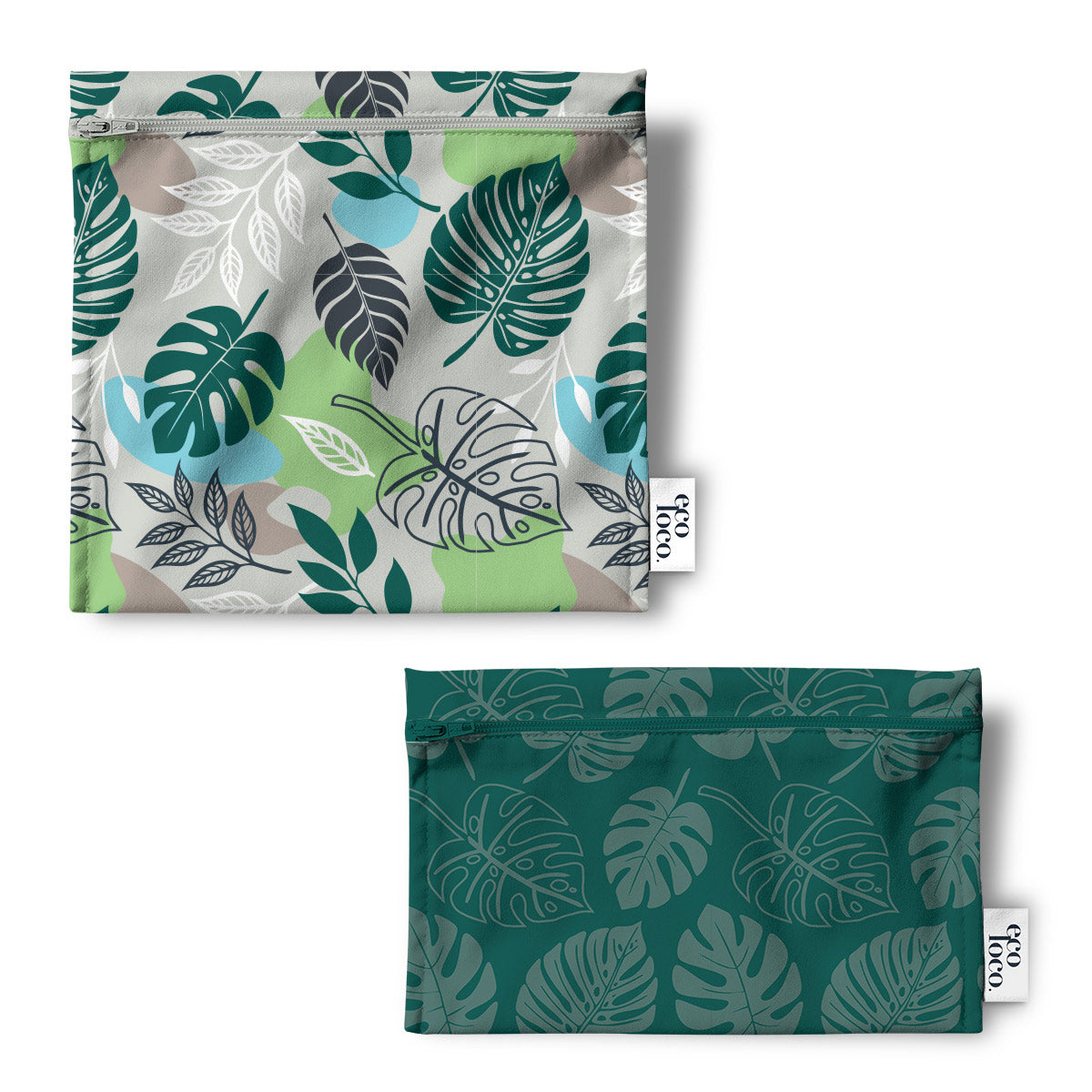Deux sacs à collation sandwich style Ziploc lavable et réutilisable sur fond blanc avec une étiquette Eco Loco au motif vert de plantes et de feuilles.