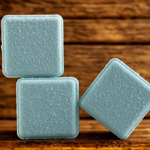 3 bombes vapeurs de douche à la couleur de l'eucalyptus avec un fond de bois