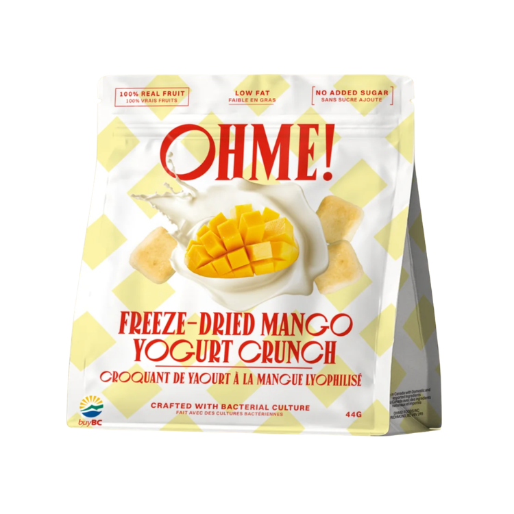 Sac de croquant au yogourt à la mangue lyophilisé de la marque OHME! sur un fond blanc.