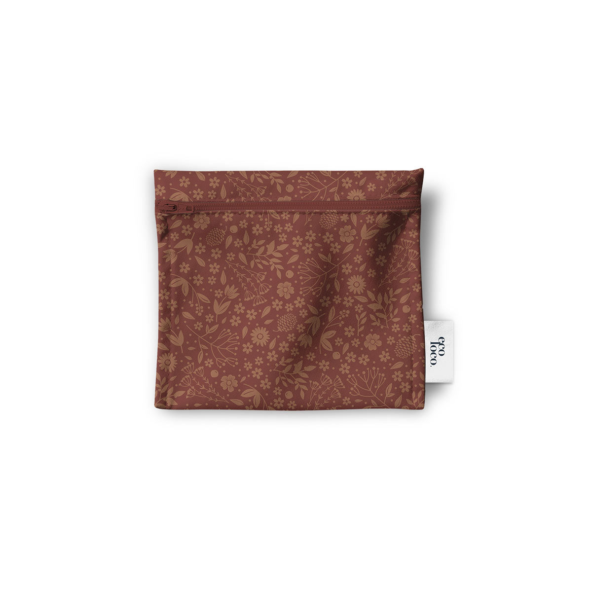 Un sac réutilisable en tissu pour les collations, sandwich, noix, biscuits, crudités, de couleur vieux rose avec des petites fleurs ton sur ton. Le sac est à plat sur un fond blanc.