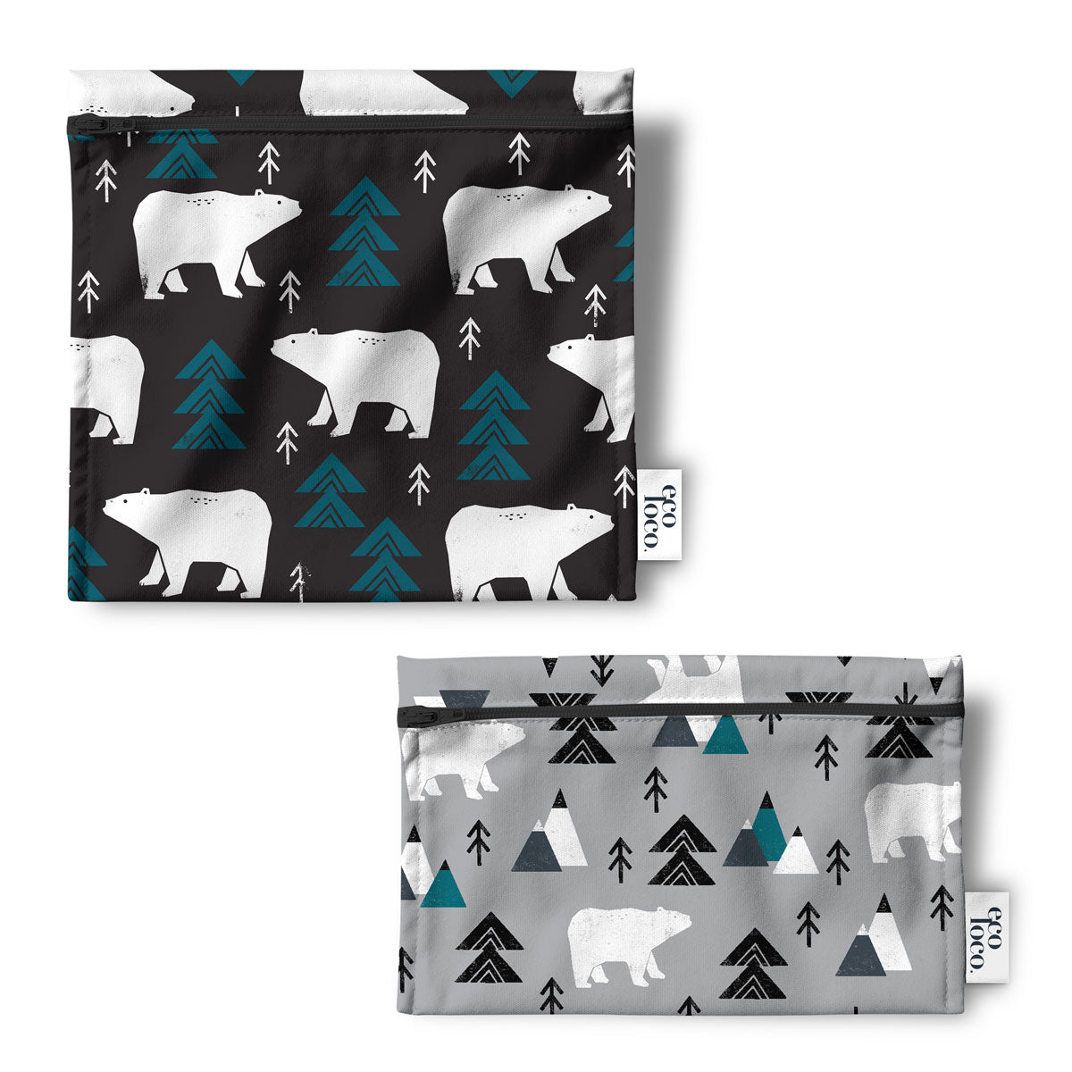 Ensemble de deux petits sacs à collations réutilisables avec des illustrations d'ours et de flèches noirs, gris et bleus