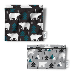 Ensemble de deux petits sacs à collations réutilisables avec des illustrations d'ours et de flèches noirs, gris et bleus