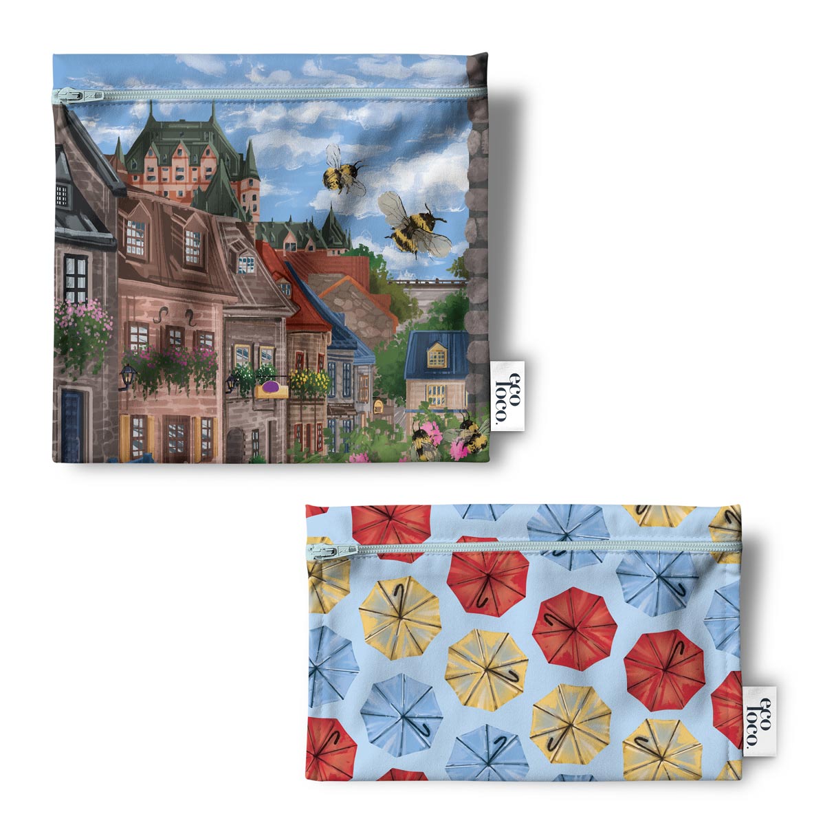 Ensemble de deux petits sacs à collations réutilisables avec des illustrations de la Ville de Québec et du chateau Frontenac avec des petites abeilles et des parapluies