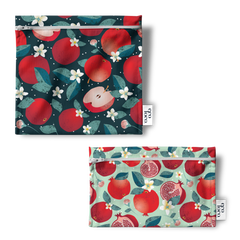 Ensemble de deux petits sacs à collations réutilisables avec des illustrations de pommes grenades et de fleurs
