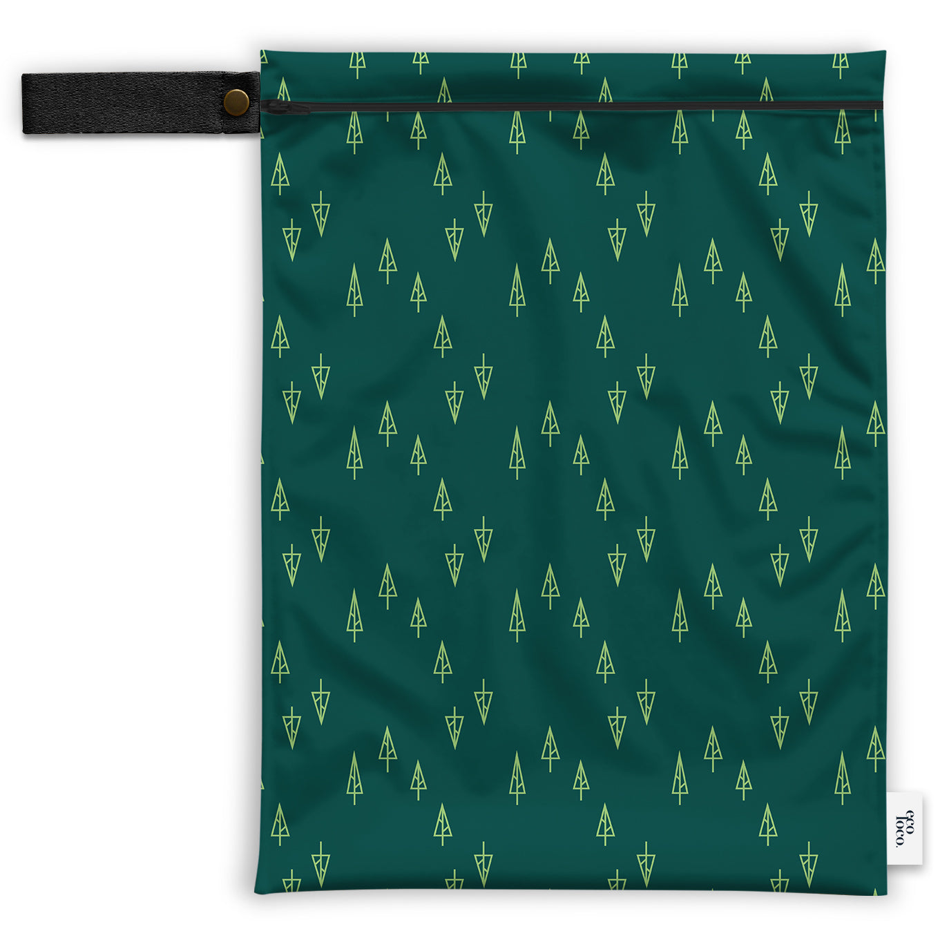 Grand sac avec ganse noitre motif de sapin vert lime sur fond vert forêt fait par Eco Loco