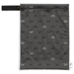 Grand sac de transport pour couches réutilisables à motifs de vélos gris sur fond blanc et ganse noire