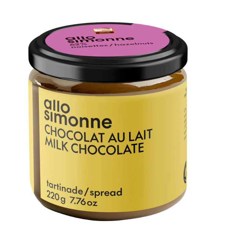 Pot de tartinade fait au Québec à la noisette de Allo Simonne chocolat au lait ave une étiquette jaune et mauve  sur un fond blanc. 