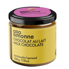 Pot de tartinade fait au Québec à la noisette de Allo Simonne chocolat au lait ave une étiquette jaune et mauve  sur un fond blanc. 