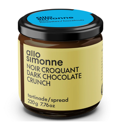 Pot de tartinade fait au Québec à la noisette de Allo Simonne noir croquant ave une étiquette jaune et bleu sur un fond blanc. 