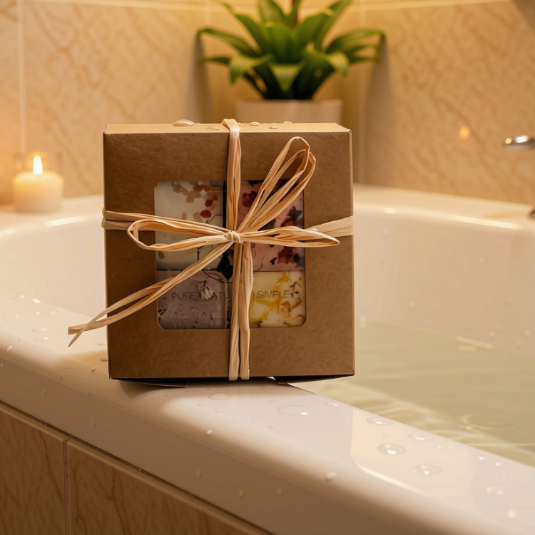 Une boite carrée avec une boucle en rafia contenant 4 bombe de bain déposé sur le rebord d'un bain avec un arrière plan contenant une plante et une chandelle. 