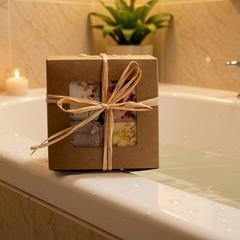 Une boite carrée avec une boucle en rafia contenant 4 bombe de bain déposé sur le rebord d'un bain avec un arrière plan contenant une plante et une chandelle. 