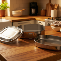 Les 3 parties de la boite à lunch en acier inoxydable de deux étages:  le couvercle, le plat principale et le plateau plus mince du dessus. Déposés sur un comptoir de cuisine en bois. 