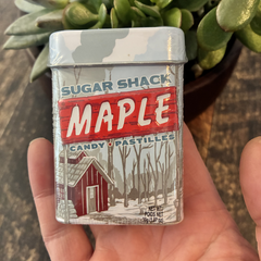 Boitier en métal pour bonbon avec une cabane à sucre pour la saveur érable avec une plante en arrière et tenu dans une main