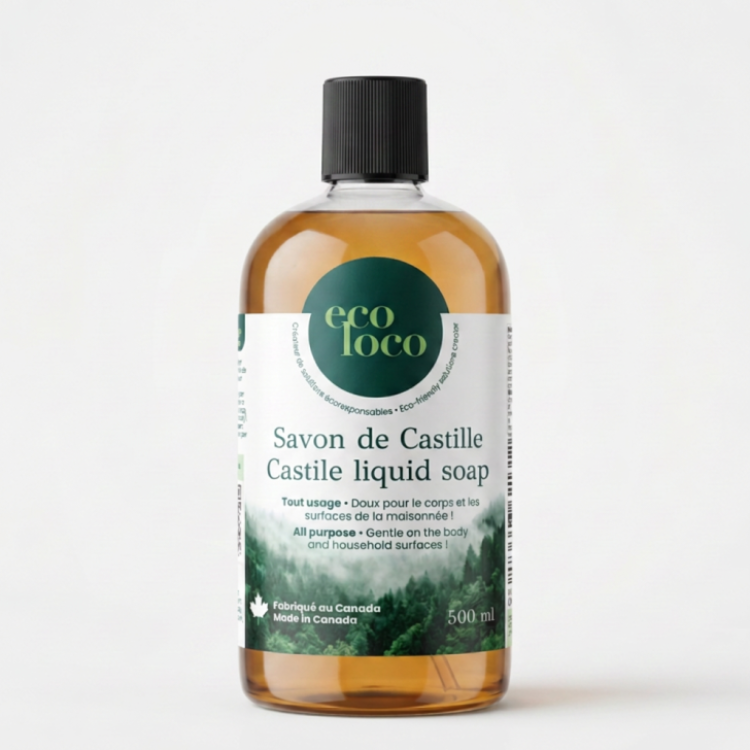 Une bouteille boston round clair de savon de castille de 500 ml fait au Canada de la marque Eco Loco