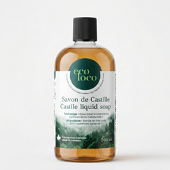 Une bouteille boston round clair de savon de castille de 500 ml fait au Canada de la marque Eco Loco