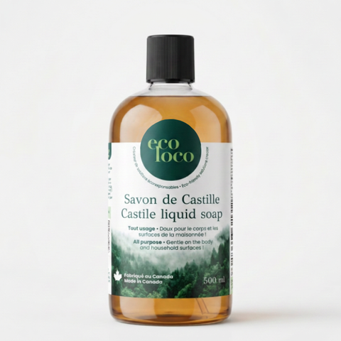 Une bouteille boston round clair de savon de castille de 500 ml fait au Canada de la marque Eco Loco