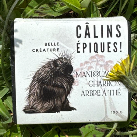 Étiquette du savon Câlin épiques de la Savonnerie des diligence à l'argile de manicouangan, au charbon déposé une des plantes. 