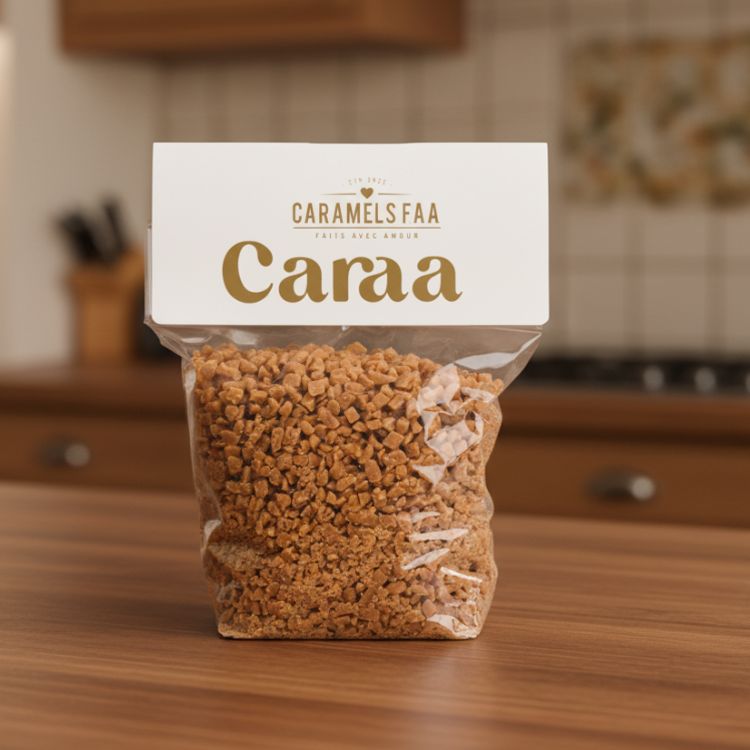 Sac de caramel croquant pour ajouter sur des desserts de la marque Caraa de Caramels Faa sur un comptoir de cuisine en bois. 