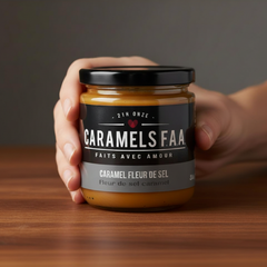 Une pot avec une étiquette sur la quel est inscrit Caramels FAA faits avec avoir caramel fleur de sel avec un couvercle noir et tenu dans une mainsur un planche en bois. 