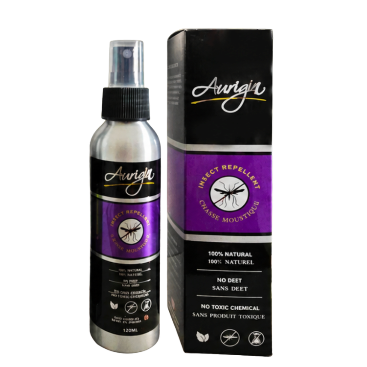 Bouteille en aluminium et boite avec étiquette mauve de chasse-moustique naturels et sans DEET sur un fond blanc. Indication de non toxique et de 100% naturel de la marque Québécoise Aurigin