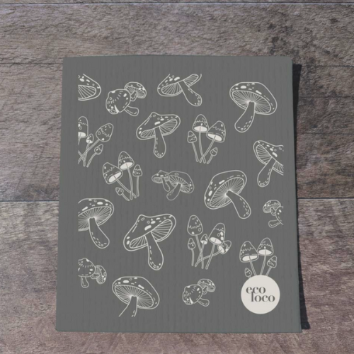 Chffon suédois qui remplace les essuie-tout de couleur graphite et avec des motifs de champignons. 