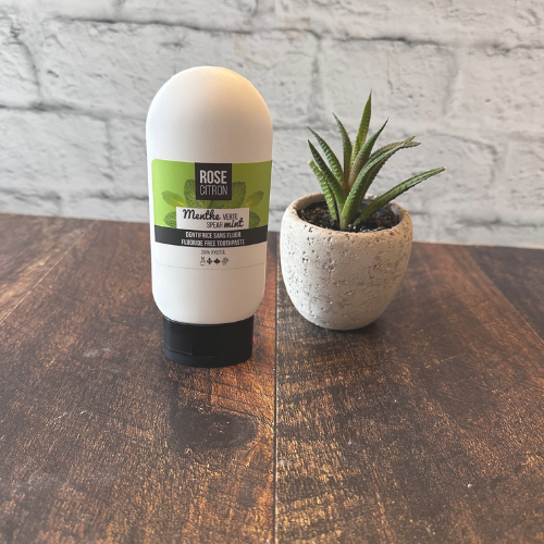 Tube de dentifrice au Xylitol a la saveur de menthe naturel sur une planche à côté d'une petite plante. 