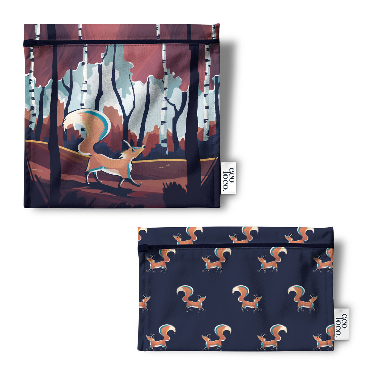 Deux sacs multiusage  collation et à lunch  avec des fermetures Eclair agencé avec des motifs de renards et de forêt sur un fond blanc. 