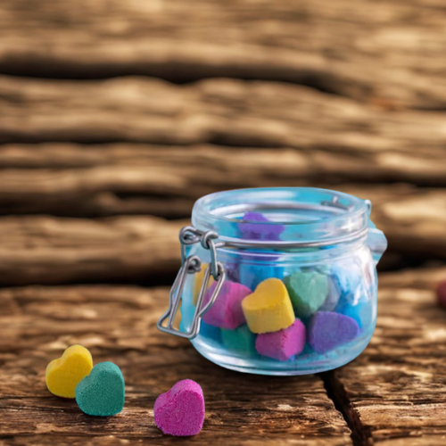 pot de mini bombes de bain naturel multicolores sur une planche de teck